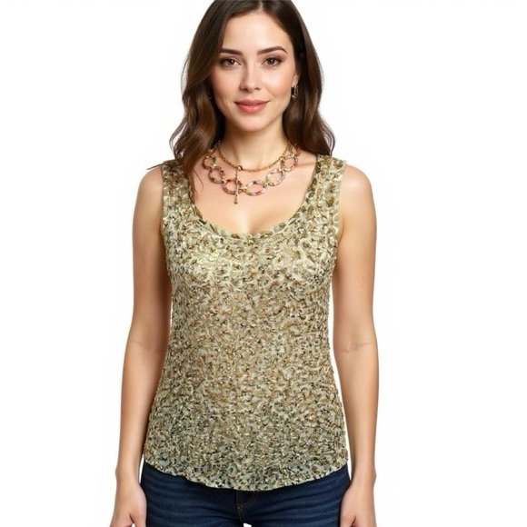 CHICOS 0 Gold Sequin Tank Top Shell Scoop Neck Contrast Print Shirt Sz S Blouse - Picture 1 of 11